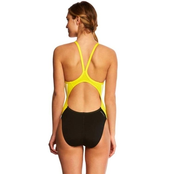 Adidas Solid Splice Vortex Back One Piece Swimsuit Yellow - Picture 2 of 6